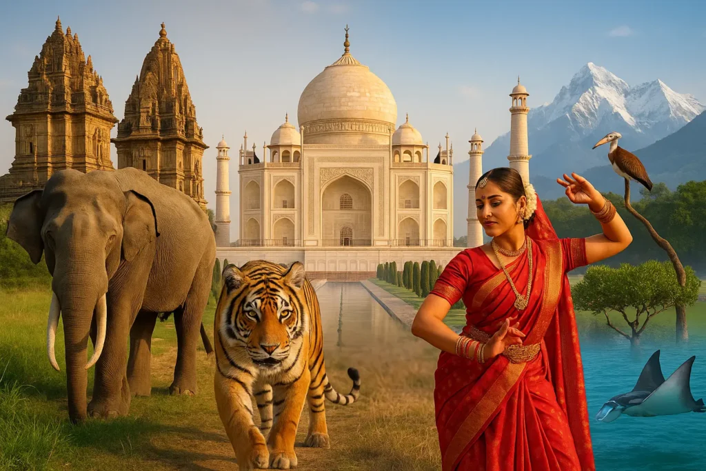 Luxury travel in the Indian Subcontinent showcasing Bengal tiger, Asian elephant, Taj Mahal, Hindu temple, traditional dancer, and diverse natural landscapes